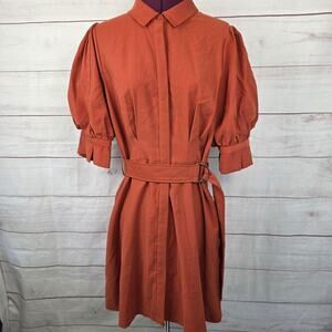 a loves‎ a Dress Womens Large Cinnamon Puff Sleeve Belted Shirt Dress Collared